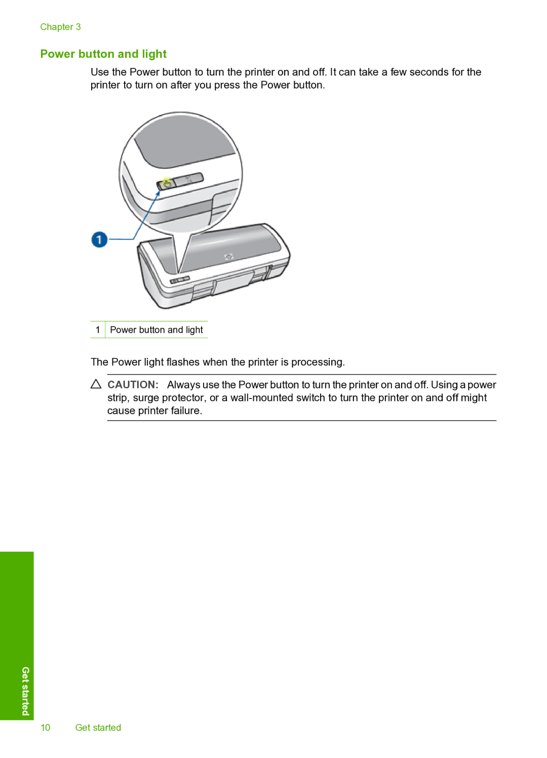 HP 910 manual Power button and light 