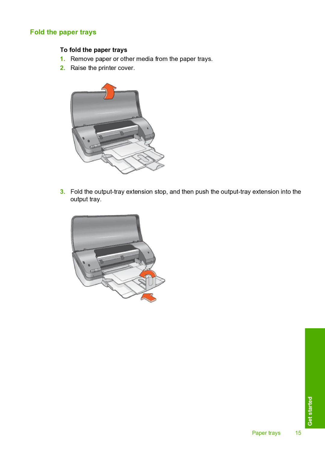 HP 910 manual Fold the paper trays, To fold the paper trays 