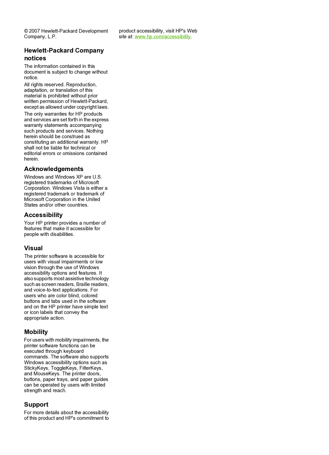 HP 910 manual Hewlett-Packard Company notices, Acknowledgements, Accessibility, Visual, Mobility, Support 