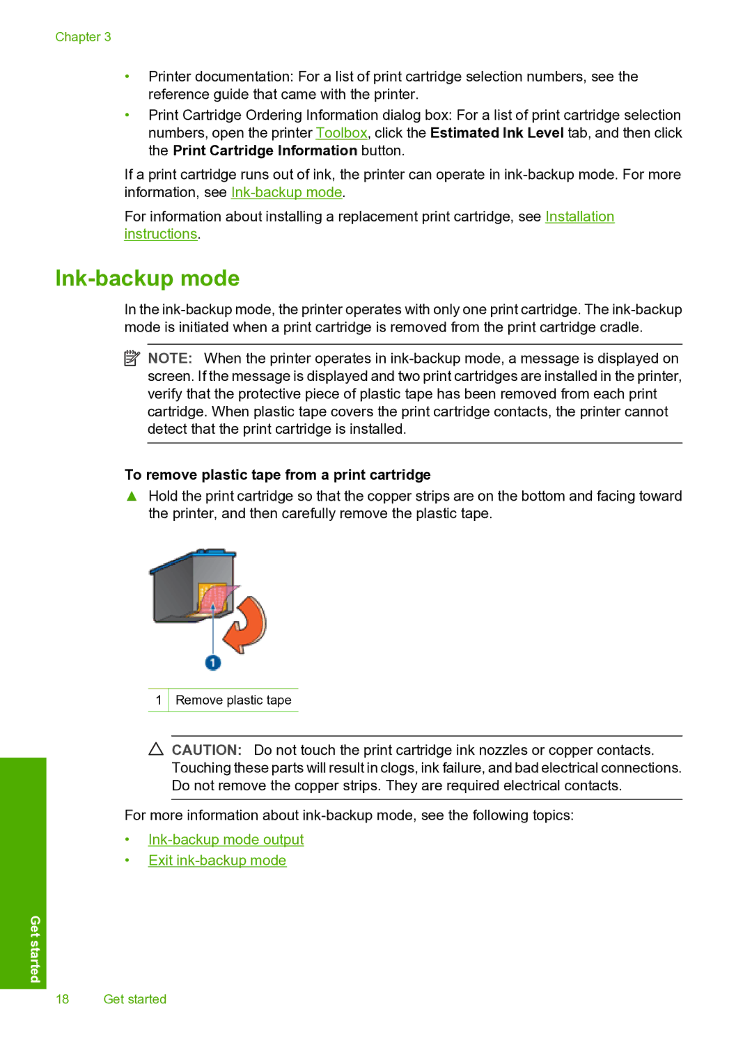 HP 910 manual Ink-backup mode, To remove plastic tape from a print cartridge 