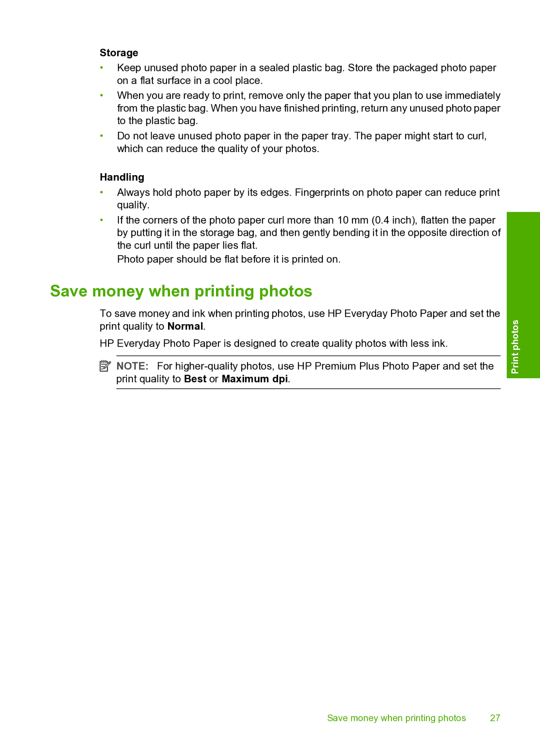 HP 910 manual Save money when printing photos, Storage, Handling 