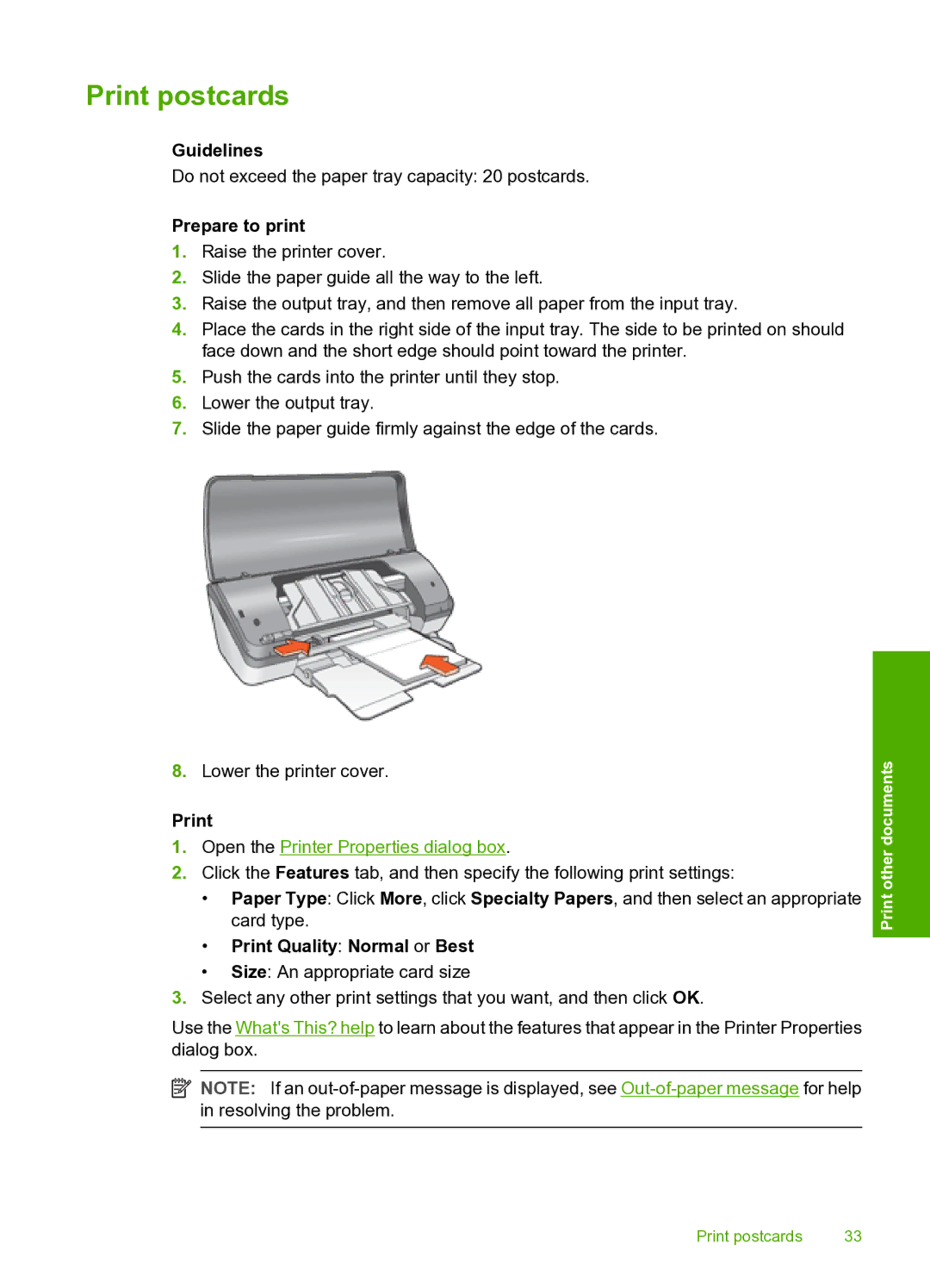 HP 910 manual Print postcards, Print Quality Normal or Best 