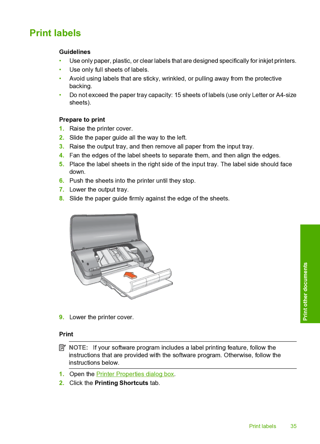 HP 910 manual Print labels, Click the Printing Shortcuts tab 