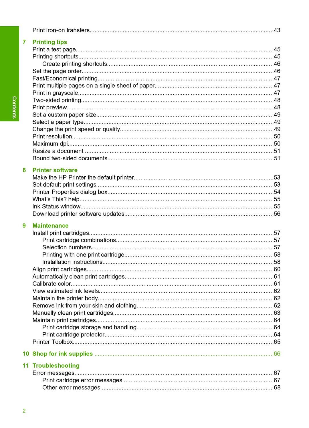 HP 910 manual Printing tips, Printer software, Maintenance, Troubleshooting 