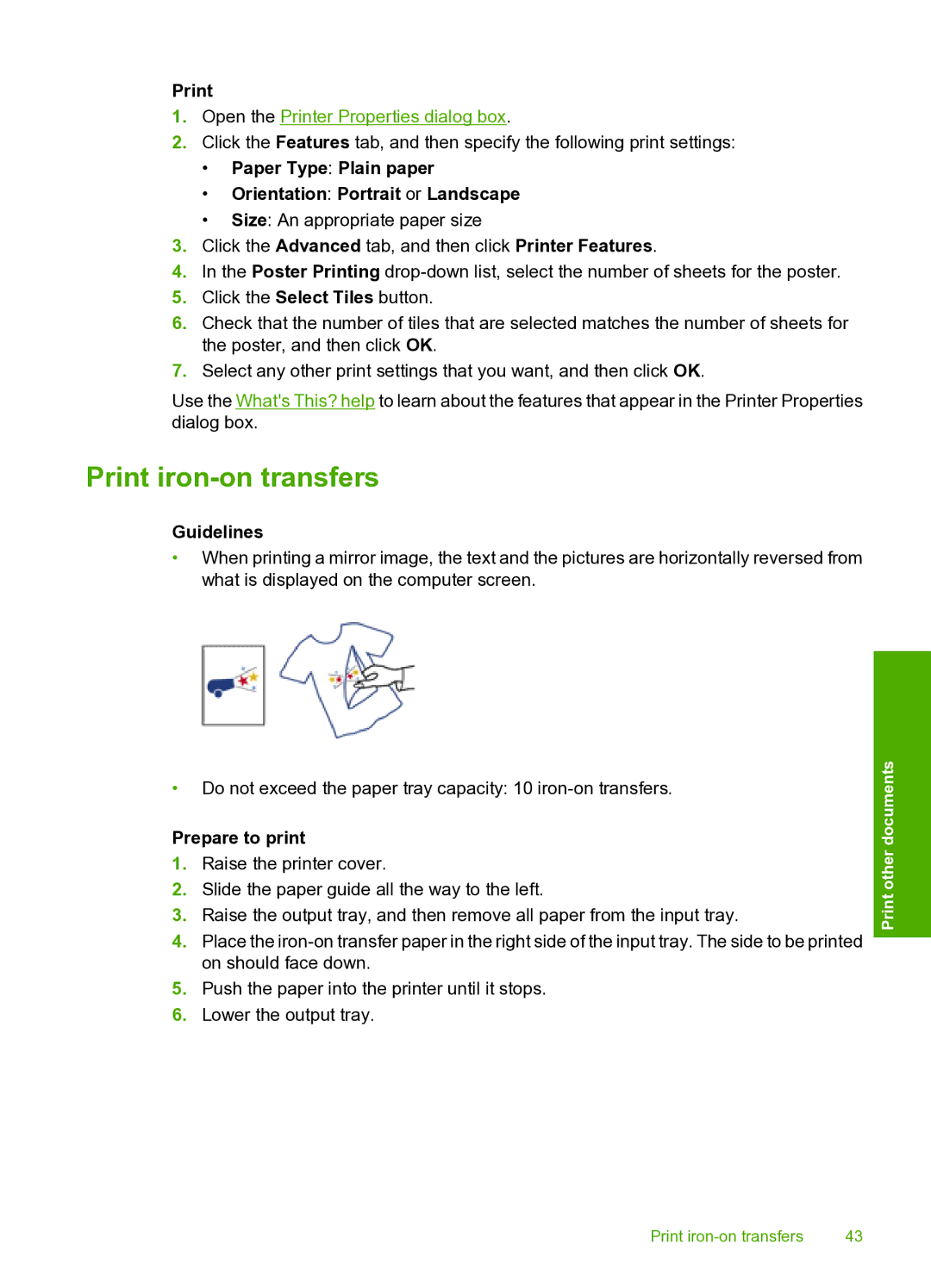 HP 910 manual Print iron-on transfers, Paper Type Plain paper Orientation Portrait or Landscape 