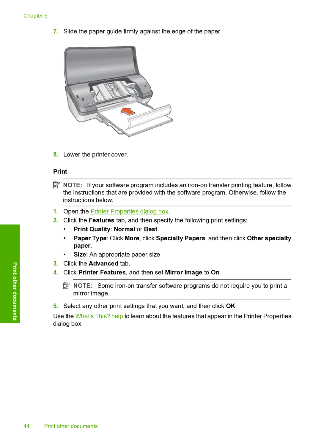 HP 910 manual Click Printer Features, and then set Mirror Image to On 