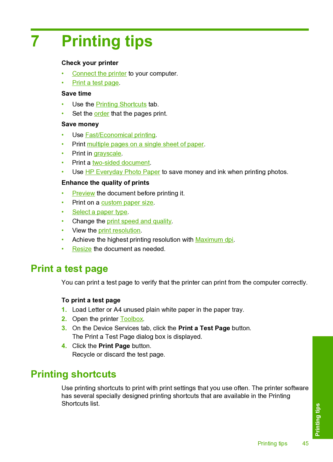 HP 910 manual Printing tips, Print a test, Printing shortcuts 