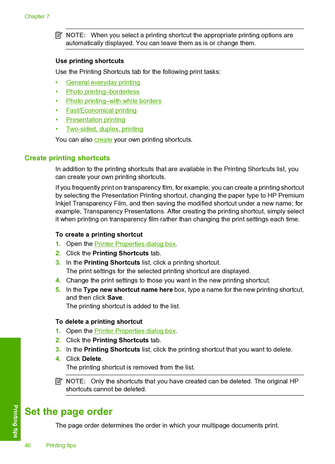 HP 910 manual Set the page order, Create printing shortcuts, Use printing shortcuts, To create a printing shortcut 