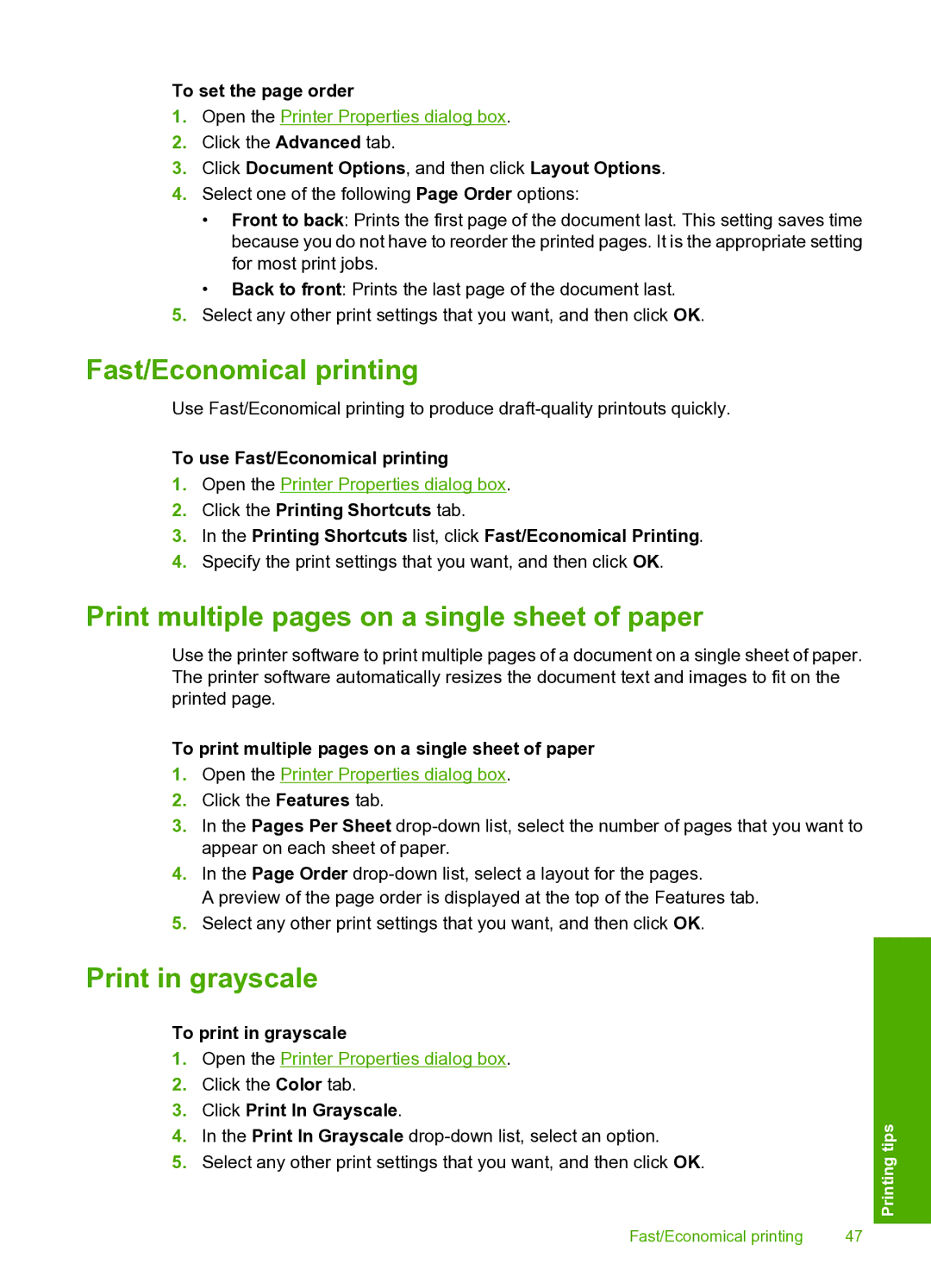 HP 910 manual Fast/Economical printing, Print multiple pages on a single sheet of paper, Print in grayscale 