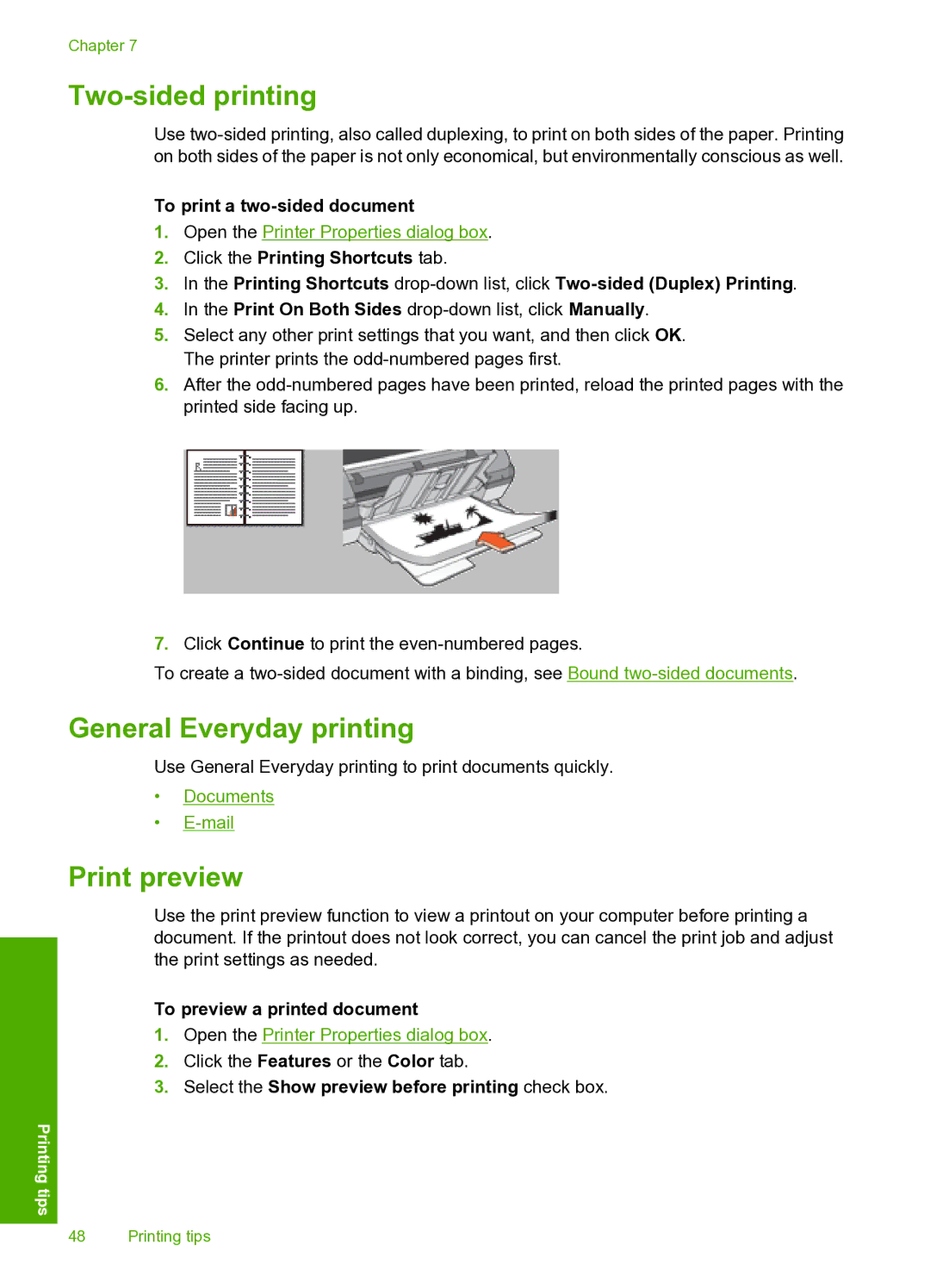 HP 910 manual Two-sided printing, General Everyday printing, Print preview 