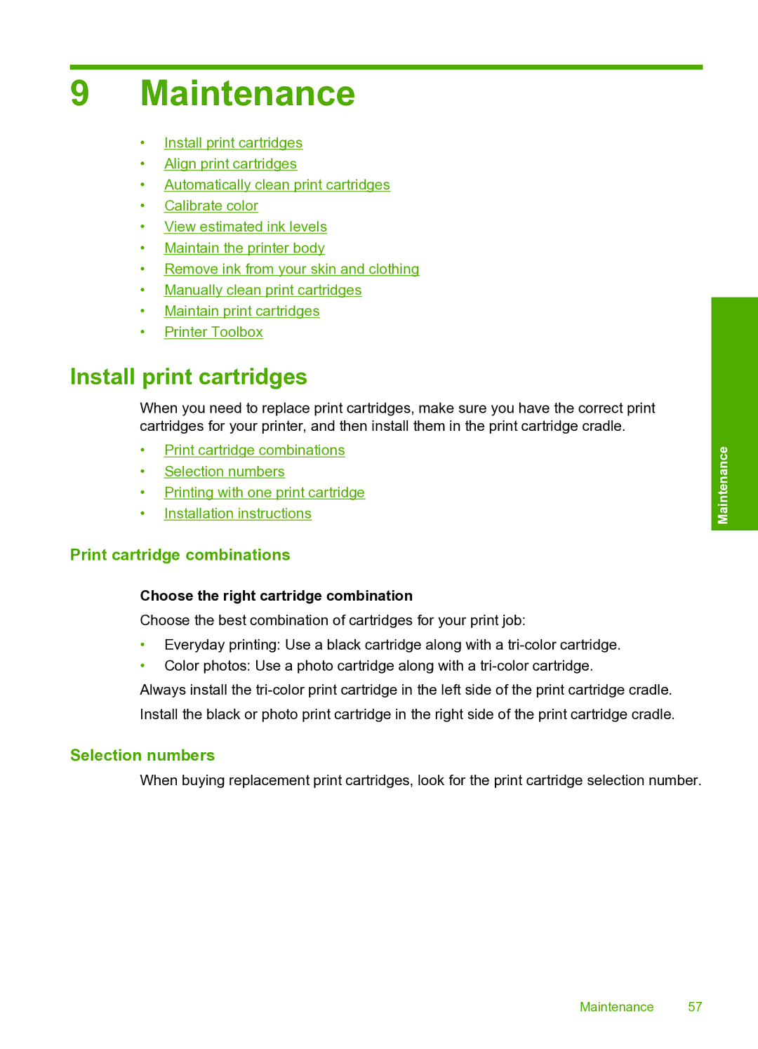 HP 910 manual Maintenance, Install print cartridges, Print cartridge combinations, Selection numbers 