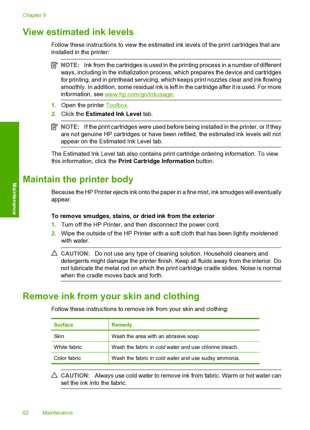 HP 910 manual View estimated ink levels, Maintain the printer body, Remove ink from your skin and clothing 