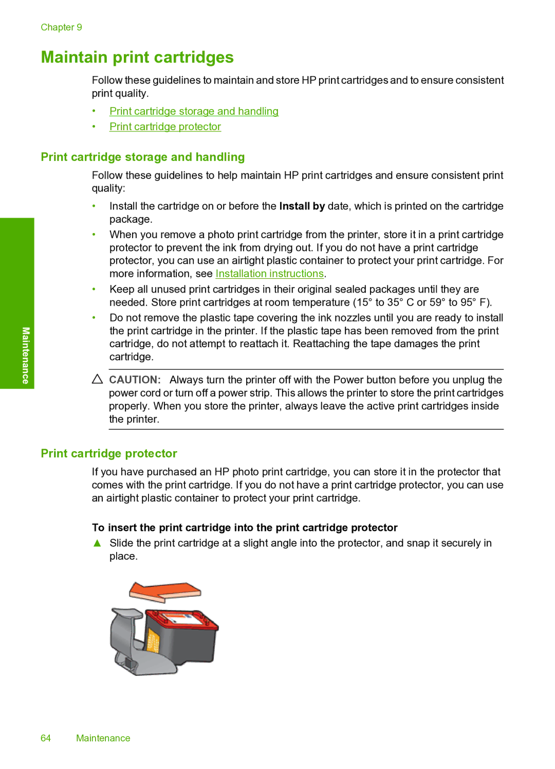 HP 910 manual Maintain print cartridges, Print cartridge storage and handling, Print cartridge protector 