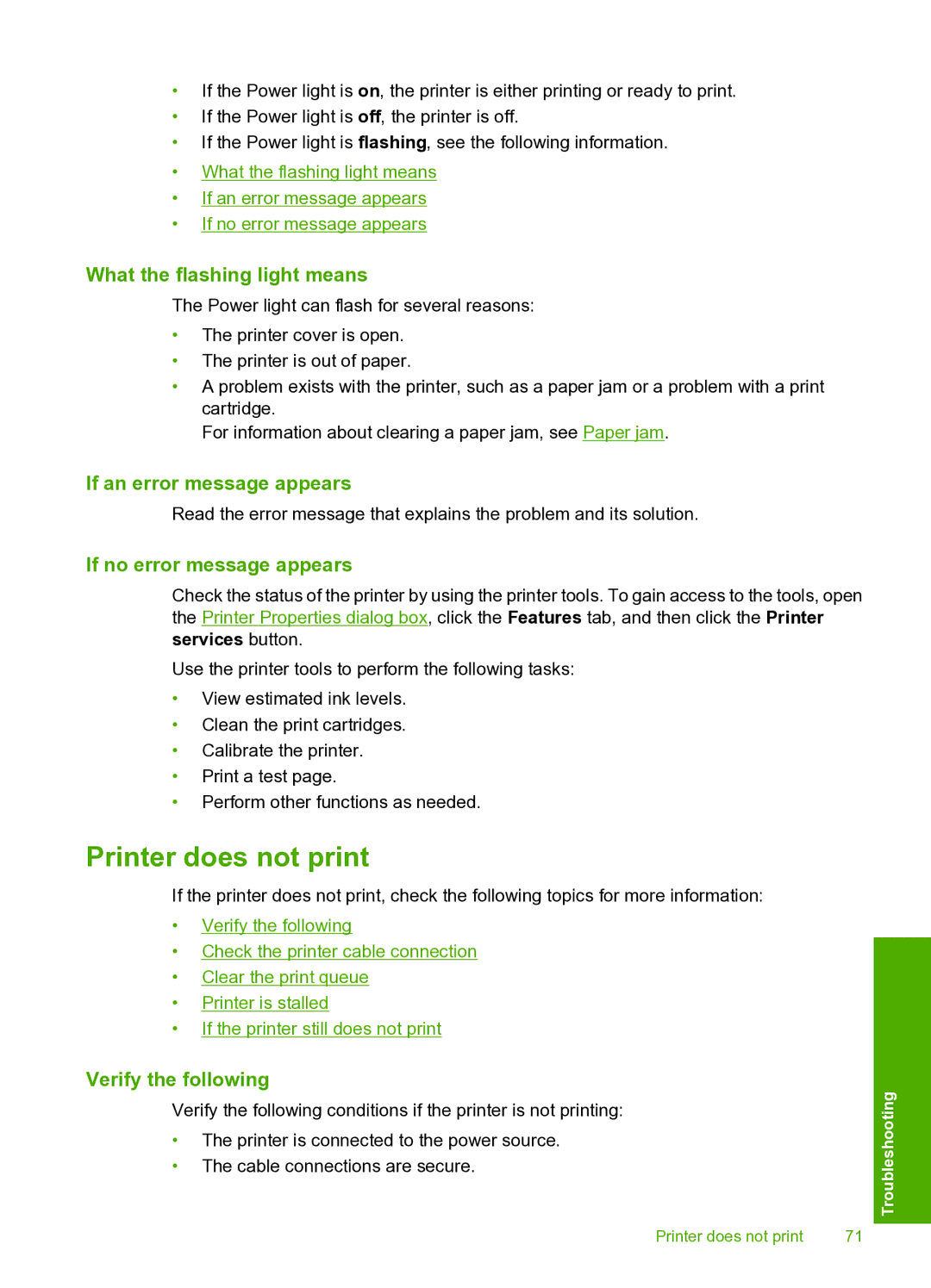 HP 910 Printer does not print, What the flashing light means, If an error message appears, If no error message appears 