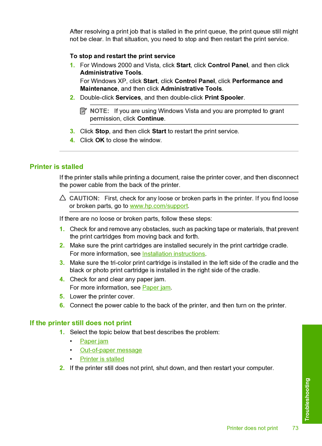 HP 910 manual Printer is stalled, If the printer still does not print, To stop and restart the print service 