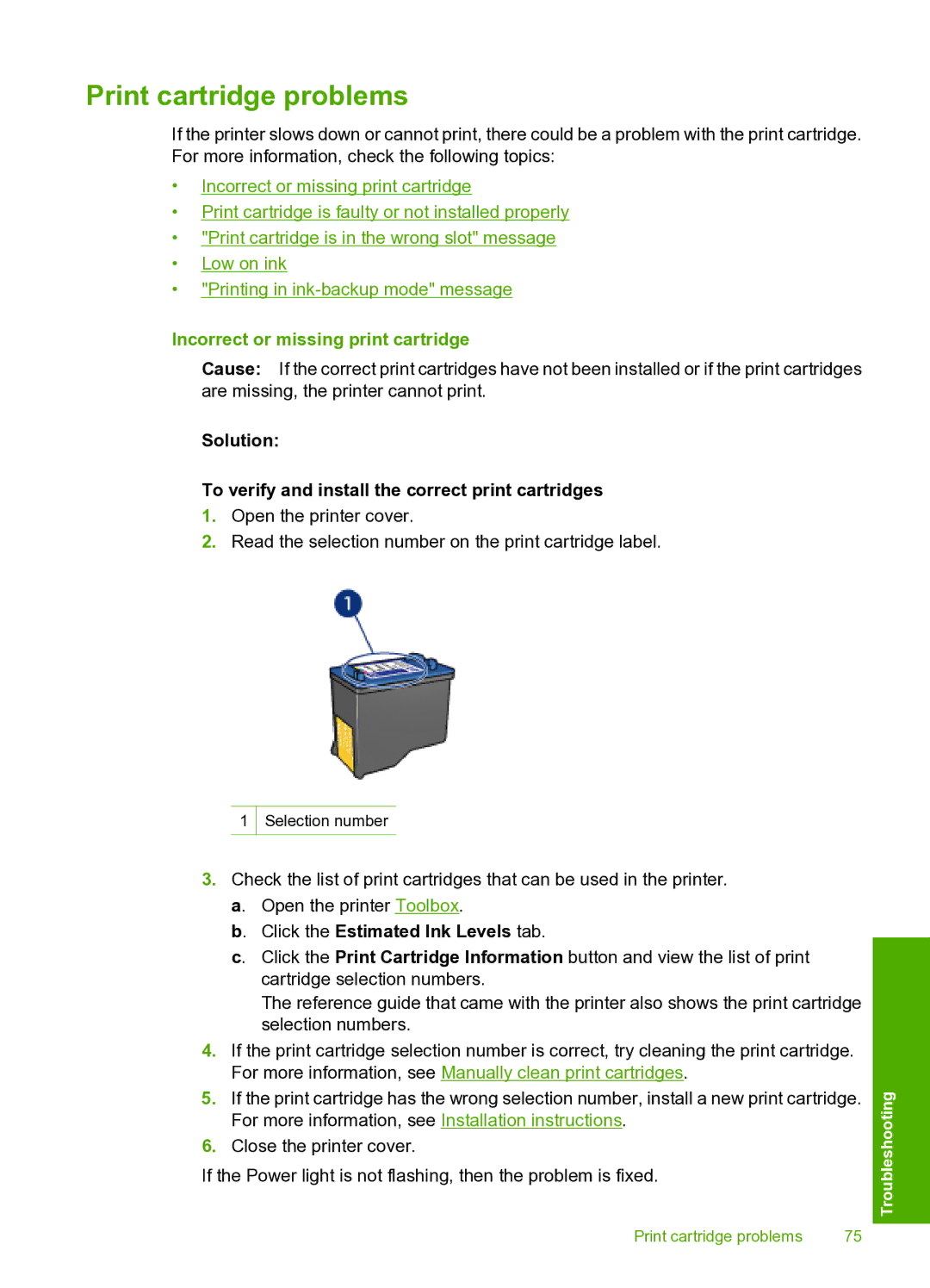 HP 910 manual Print cartridge problems, Incorrect or missing print cartridge, Click the Estimated Ink Levels tab 