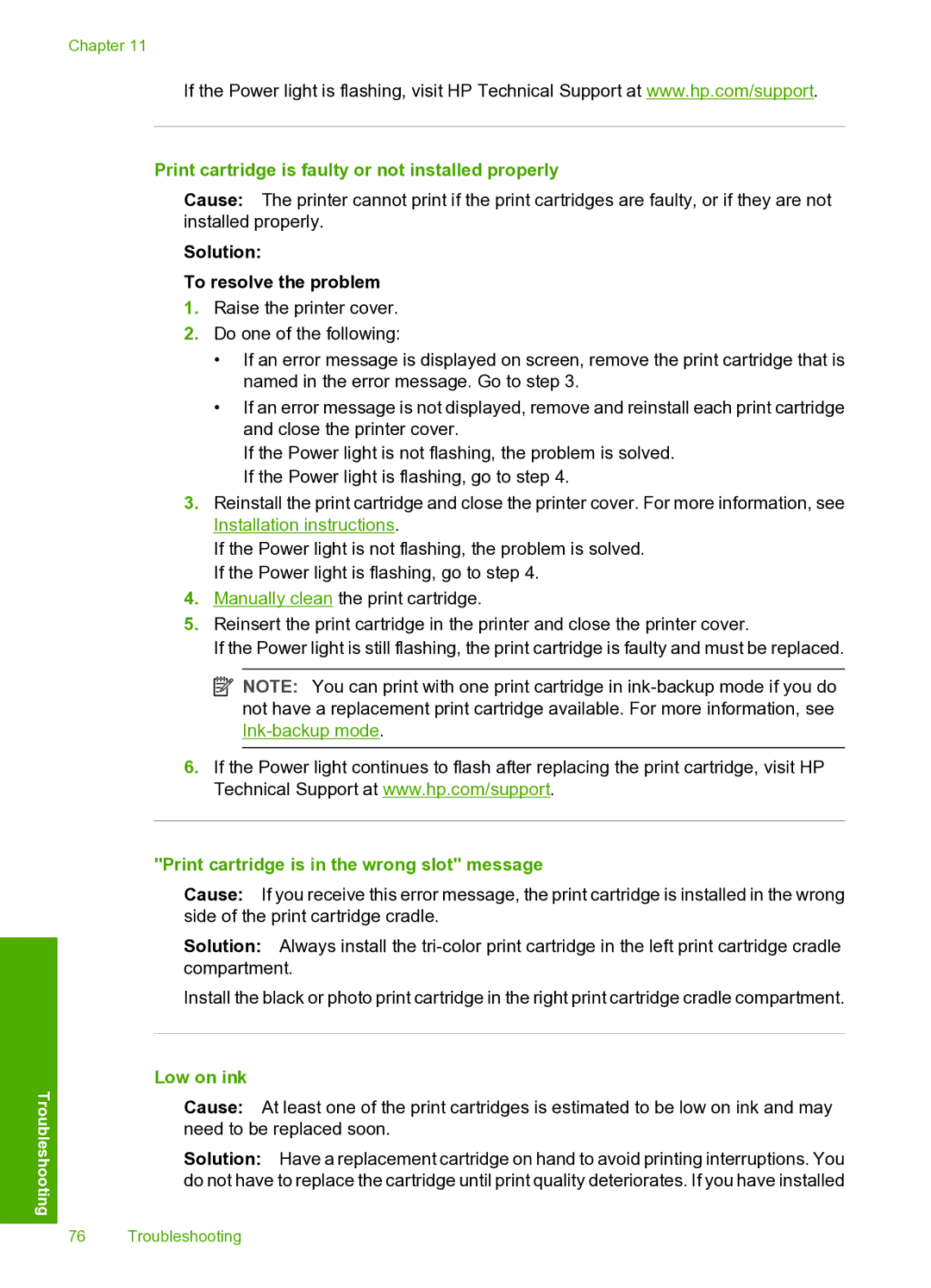 HP 910 manual Print cartridge is faulty or not installed properly, Print cartridge is in the wrong slot message, Low on ink 