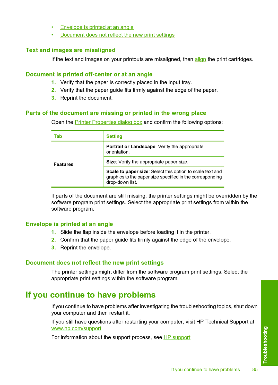 HP 910 If you continue to have problems, Text and images are misaligned, Document is printed off-center or at an angle 