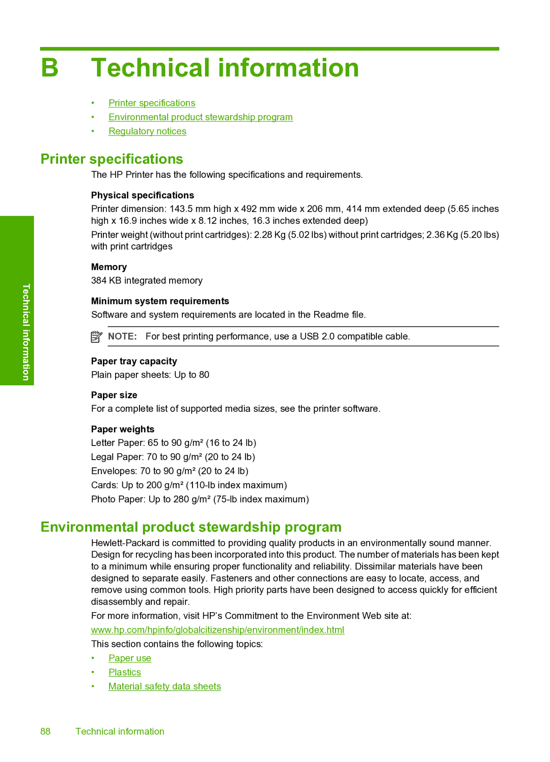 HP 910 manual Technical information, Printer specifications 