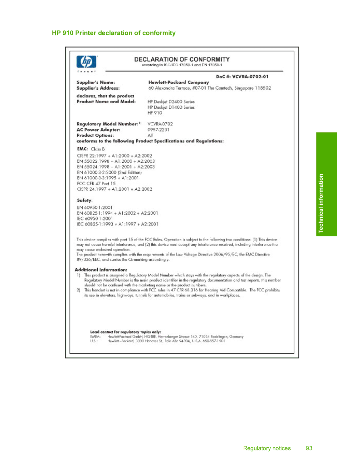 HP manual HP 910 Printer declaration of conformity 