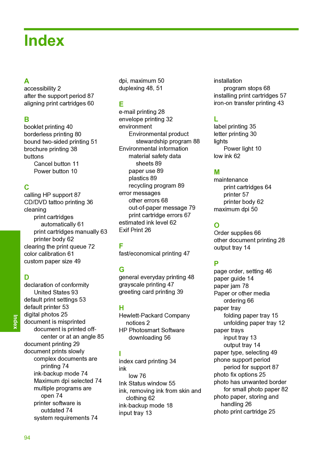 HP 910 manual Index 