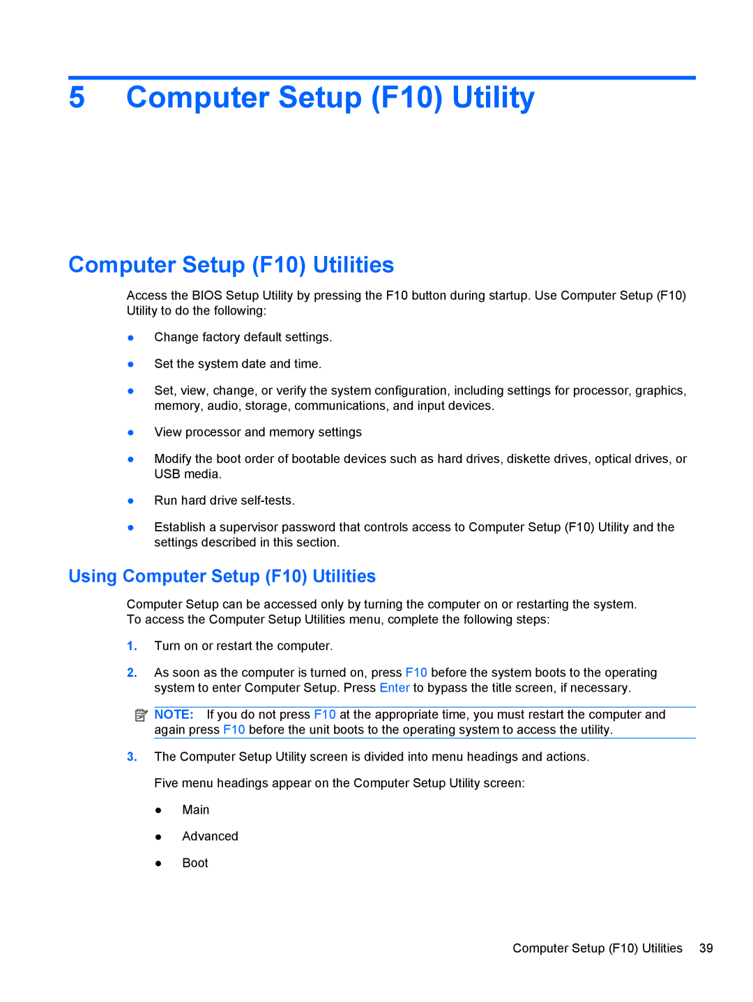 HP 9100 manual Computer Setup F10 Utility, Using Computer Setup F10 Utilities 