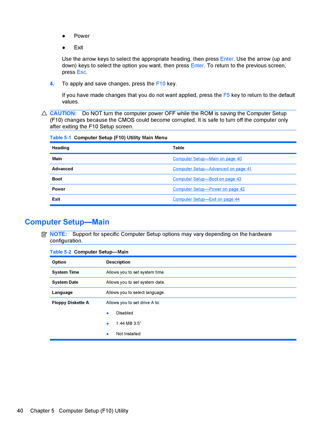 HP 9100 manual Computer Setup-Main, 1Computer Setup F10 Utility Main Menu 