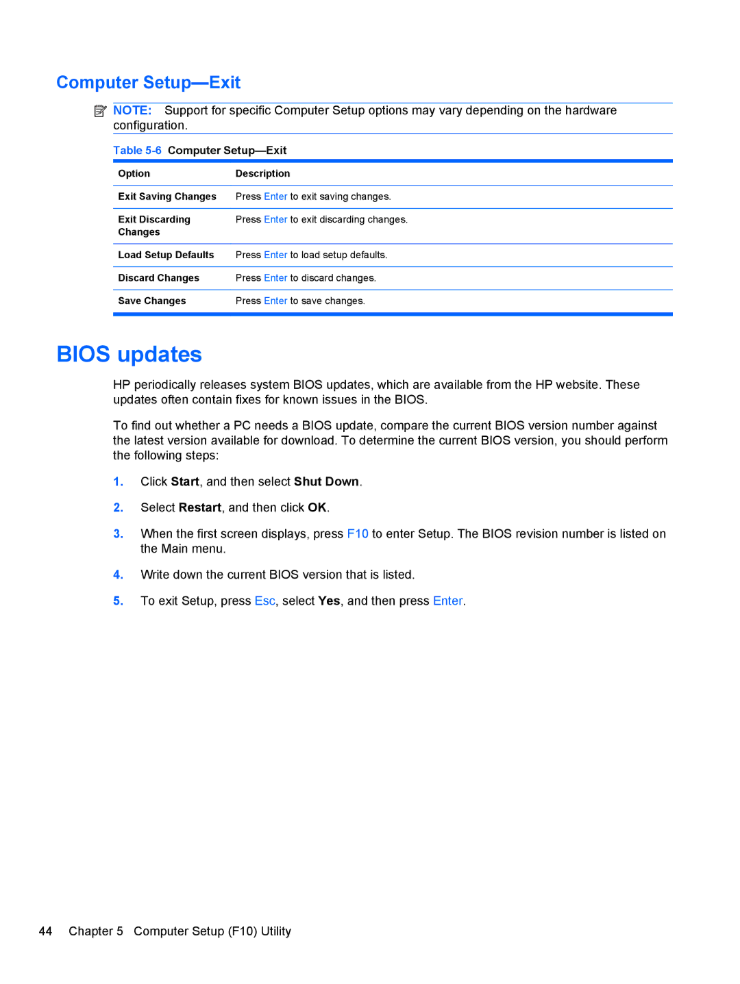 HP 9100 manual Bios updates, Computer Setup-Exit 