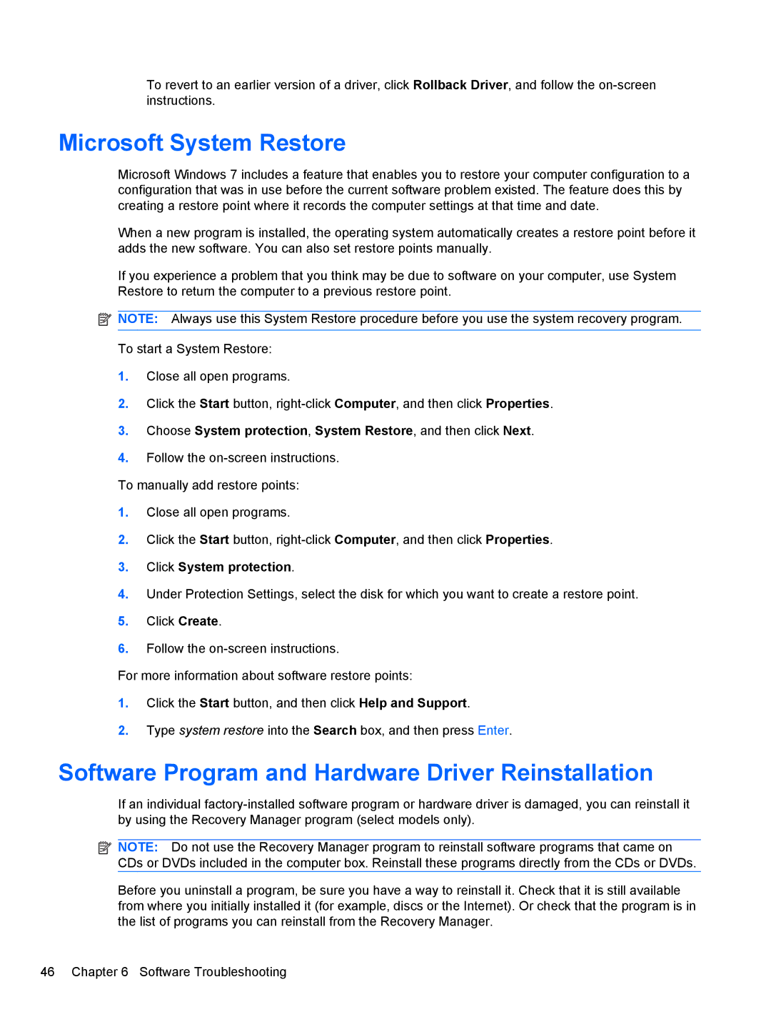 HP 9100 manual Microsoft System Restore, Software Program and Hardware Driver Reinstallation 