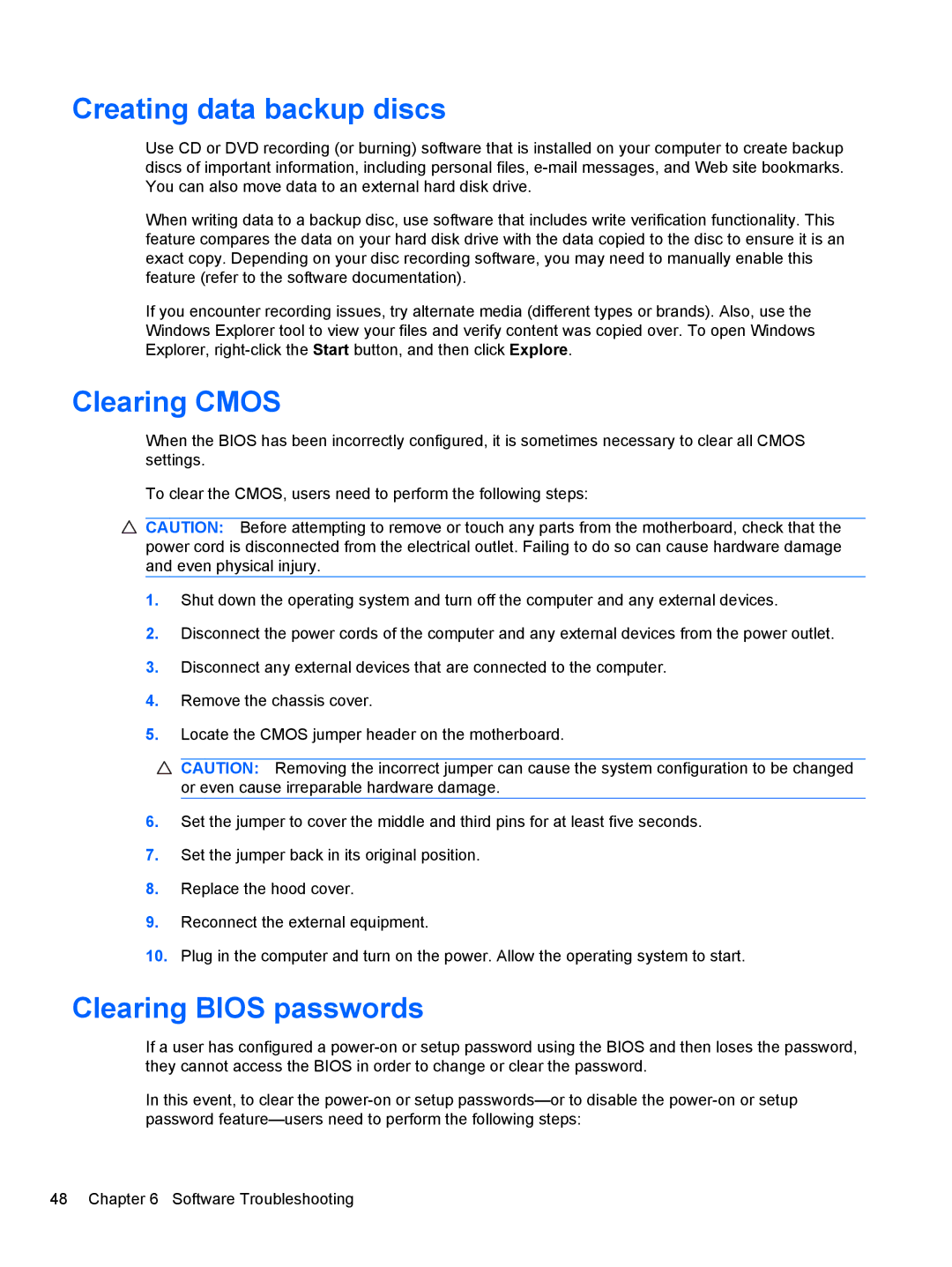 HP 9100 manual Creating data backup discs, Clearing Cmos, Clearing Bios passwords 