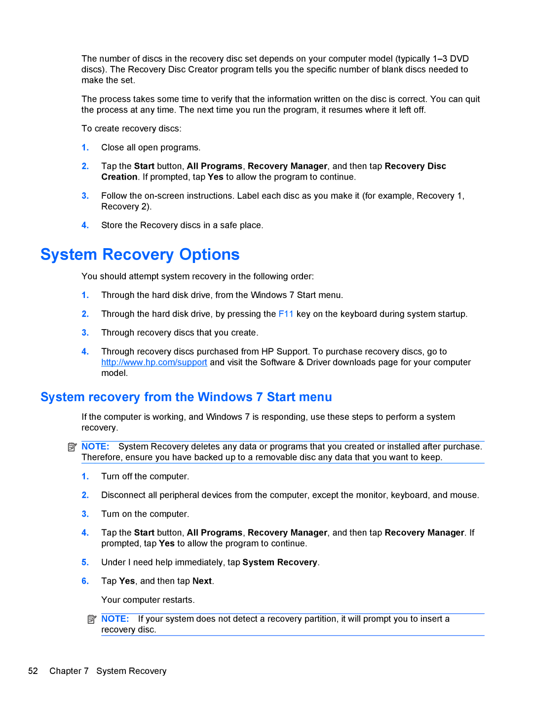 HP 9100 manual System Recovery Options, System recovery from the Windows 7 Start menu 