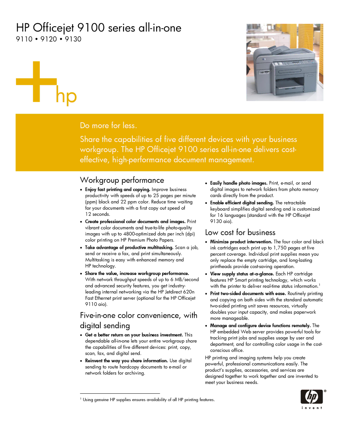 HP 9100 manual Workgroup performance, Five-in-one color convenience, with digital sending, Low cost for business 