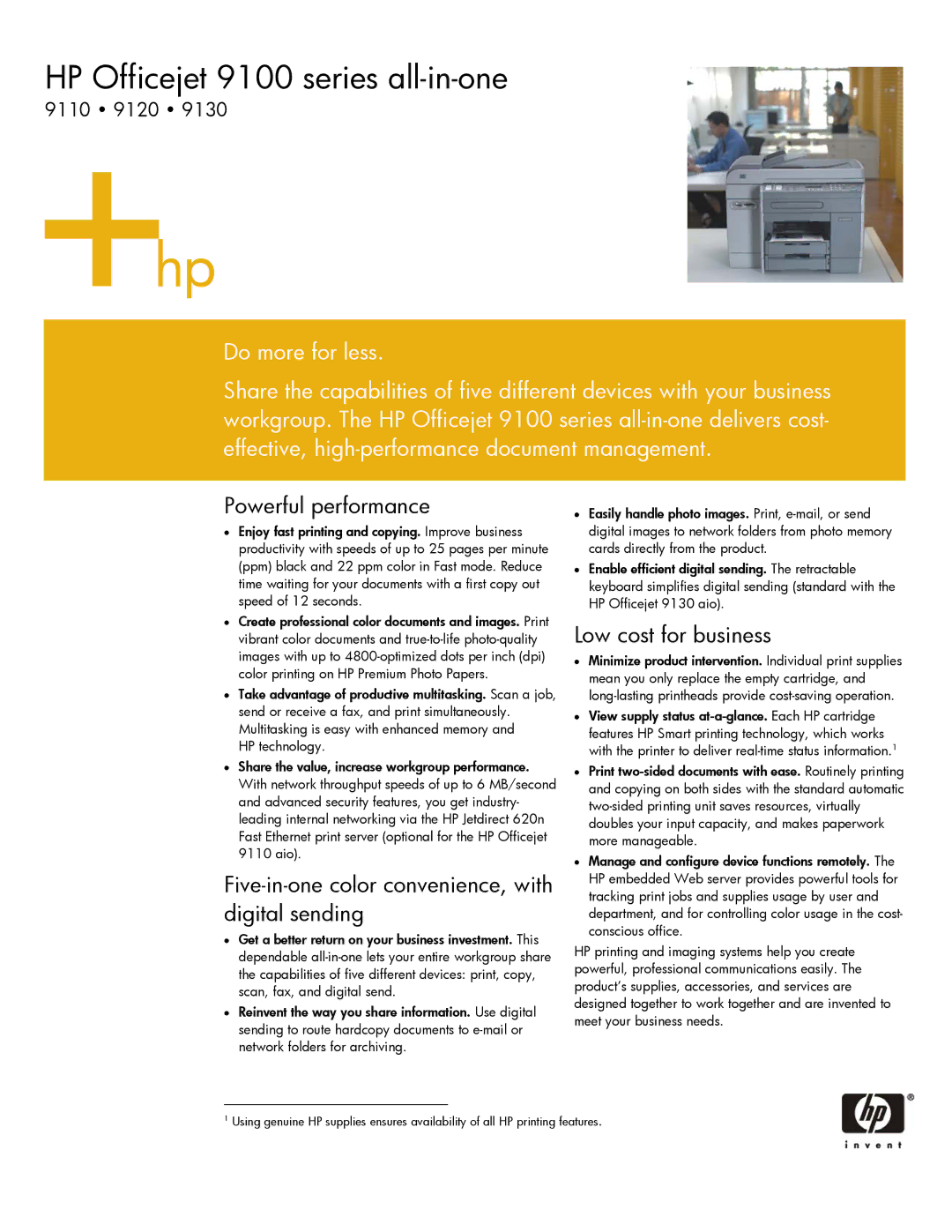 HP 9100 manual Powerful performance, Five-in-one color convenience, with digital sending, Low cost for business 