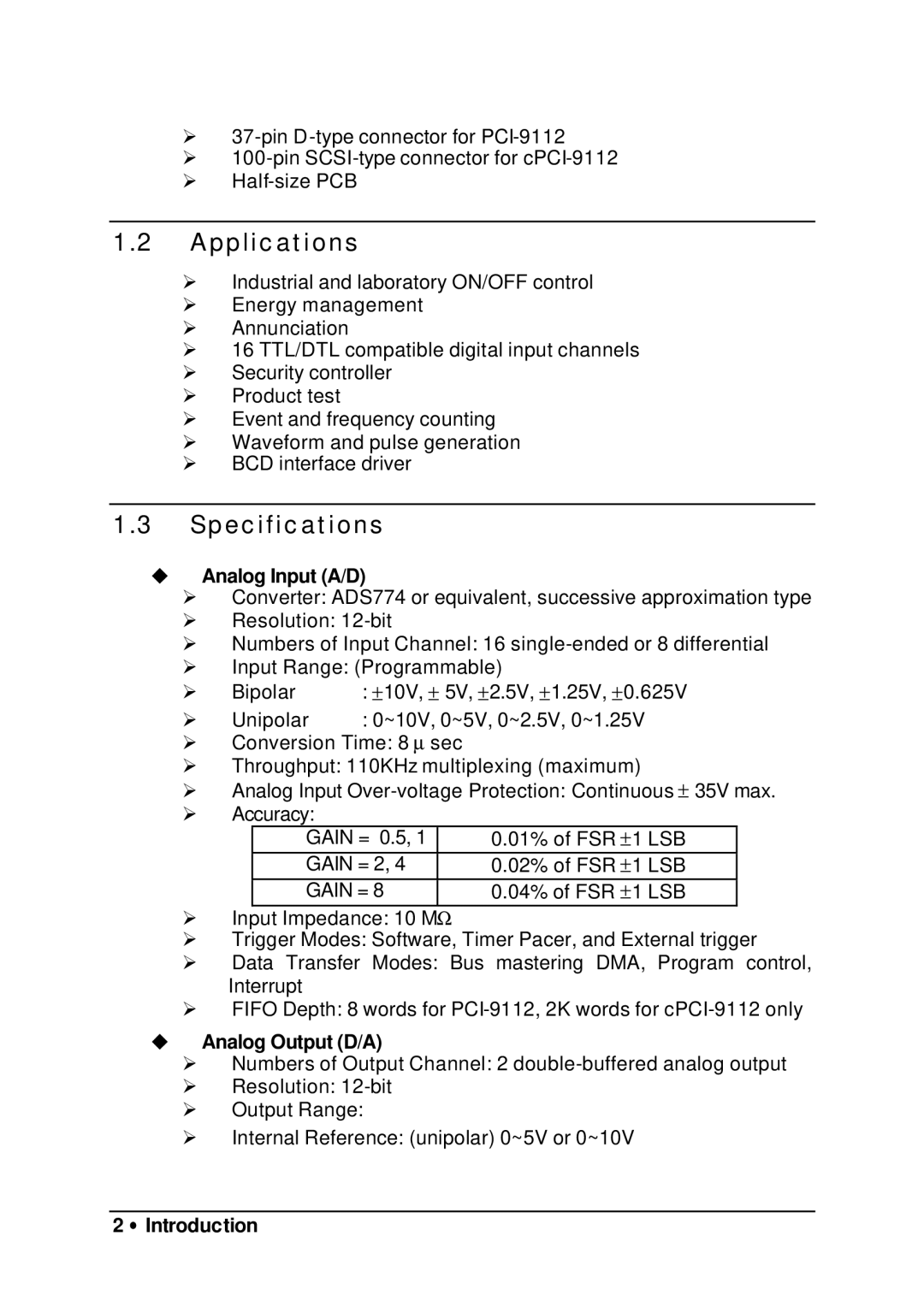 HP 9112 manual Applications, Specifications, Analog Input A/D, Analog Output D/A, ∙ Introduction 