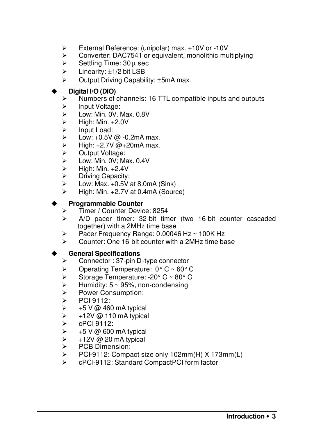 HP 9112 manual Digital I/O DIO, Programmable Counter, General Specifications 