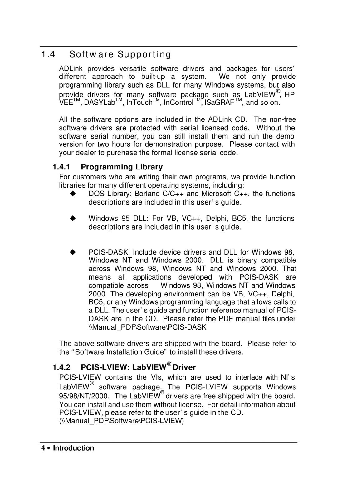 HP 9112 manual Software Supporting, Programming Library, PCIS-LVIEW LabVIEW Driver 