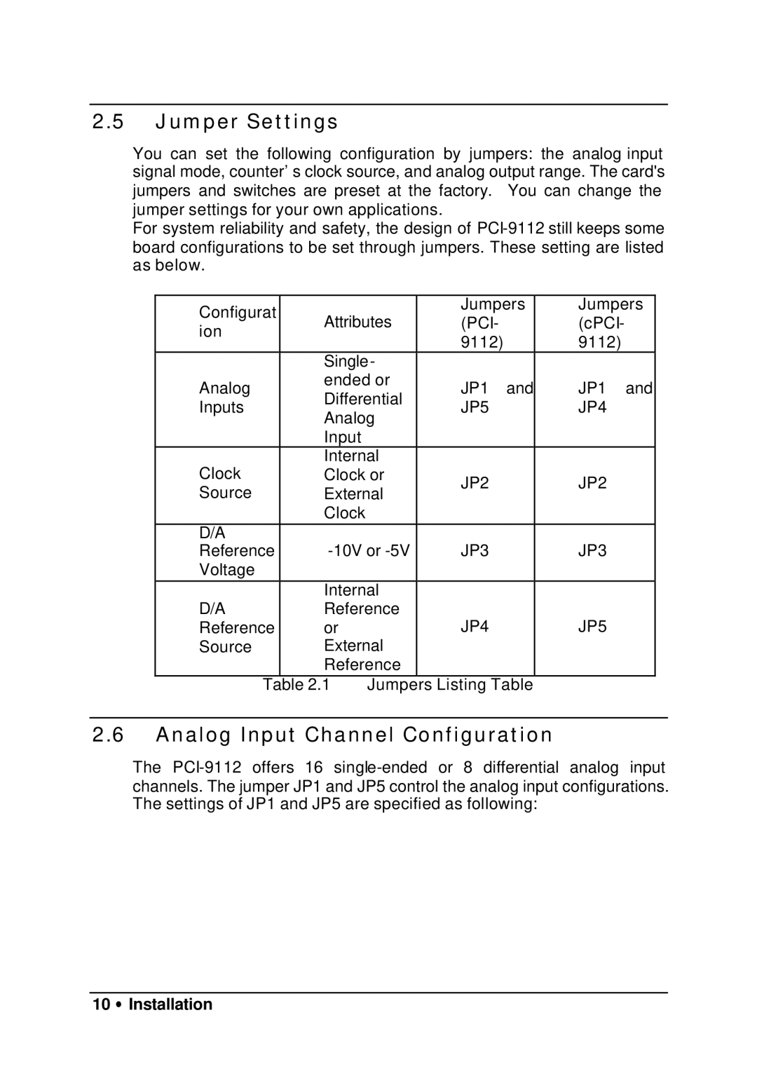 HP 9112 manual Jumper Settings, Analog Input Channel Configuration, 10 ∙ Installation 