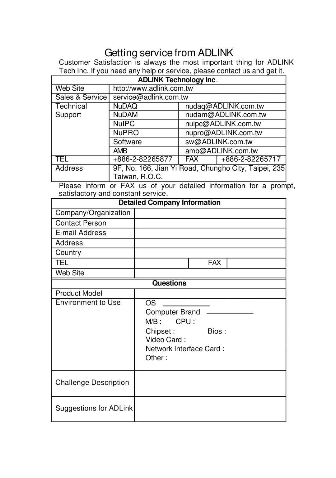 HP 9112 manual Adlink Technology Inc, Detailed Company Information, Questions 