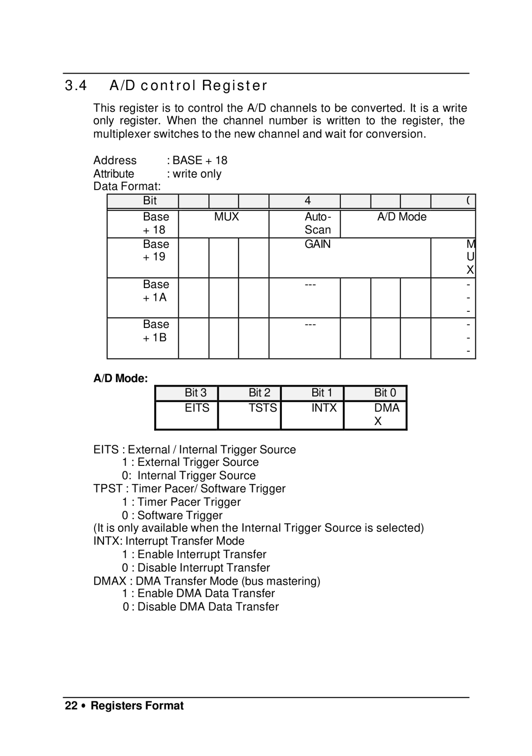 HP 9112 manual A/D control Register, Mode, 22 ∙ Registers Format 