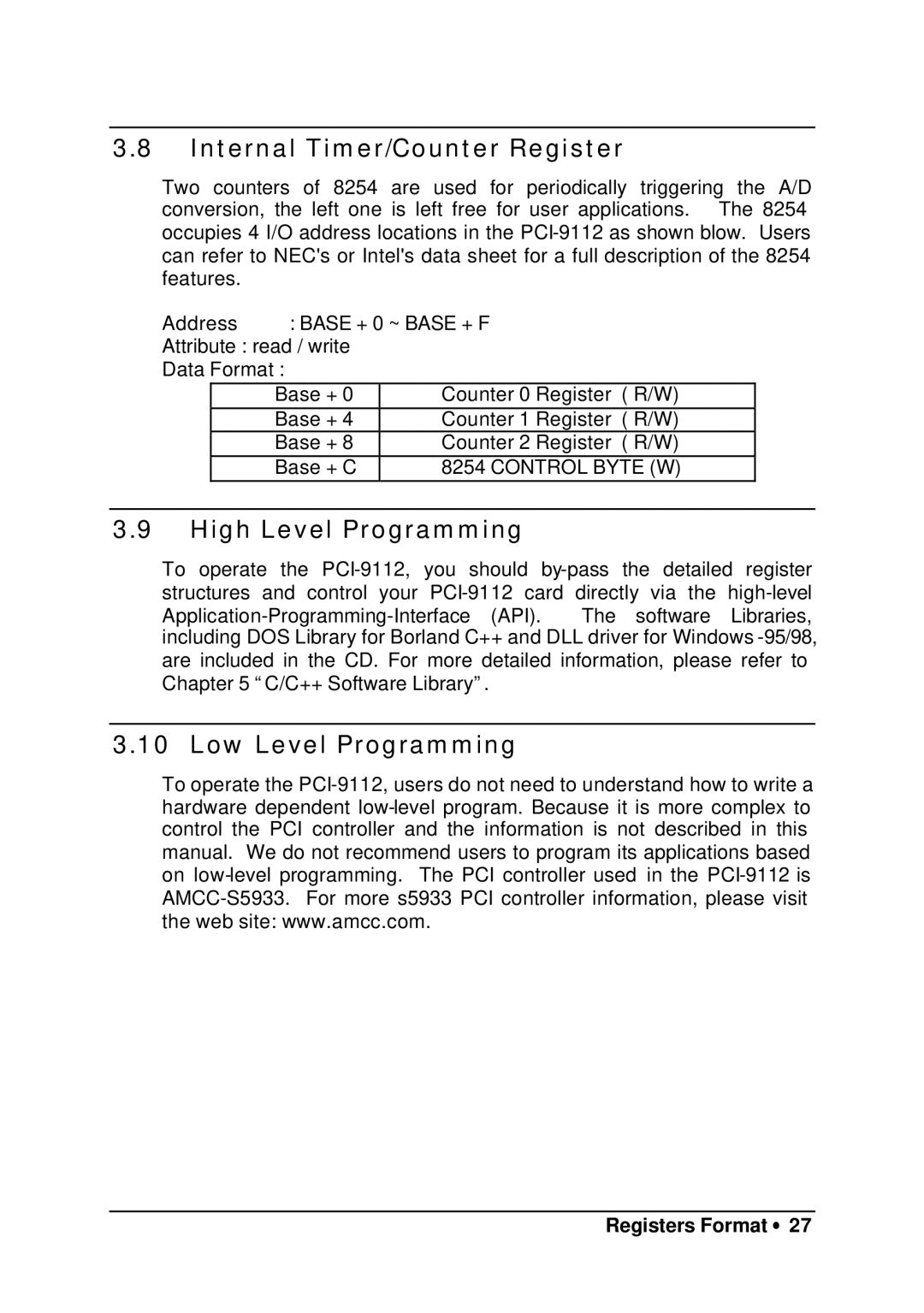 HP 9112 manual Internal Timer/Counter Register, High Level Programming, Low Level Programming 