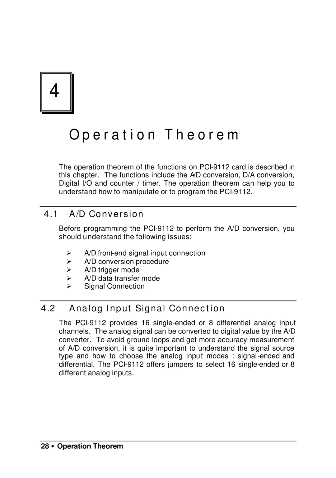 HP 9112 manual E r a t i o n T h e o r e m, A/D Conversion, Analog Input Signal Connection, 28 ∙ Operation Theorem 