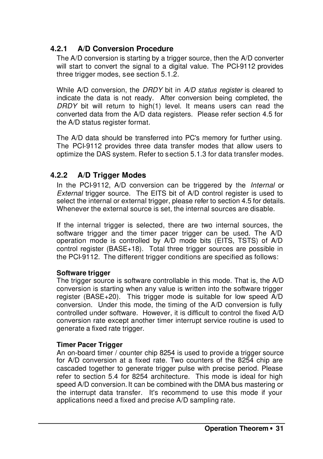 HP 9112 manual 1 A/D Conversion Procedure, 2 A/D Trigger Modes, Software trigger, Timer Pacer Trigger 