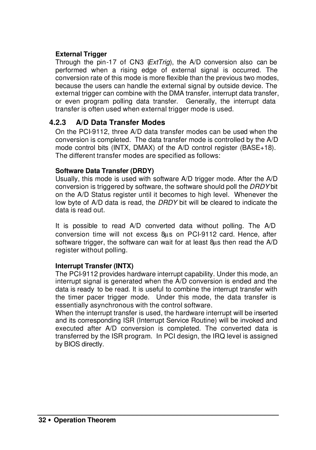 HP 9112 manual 3 A/D Data Transfer Modes, External Trigger, Software Data Transfer Drdy, Interrupt Transfer Intx 