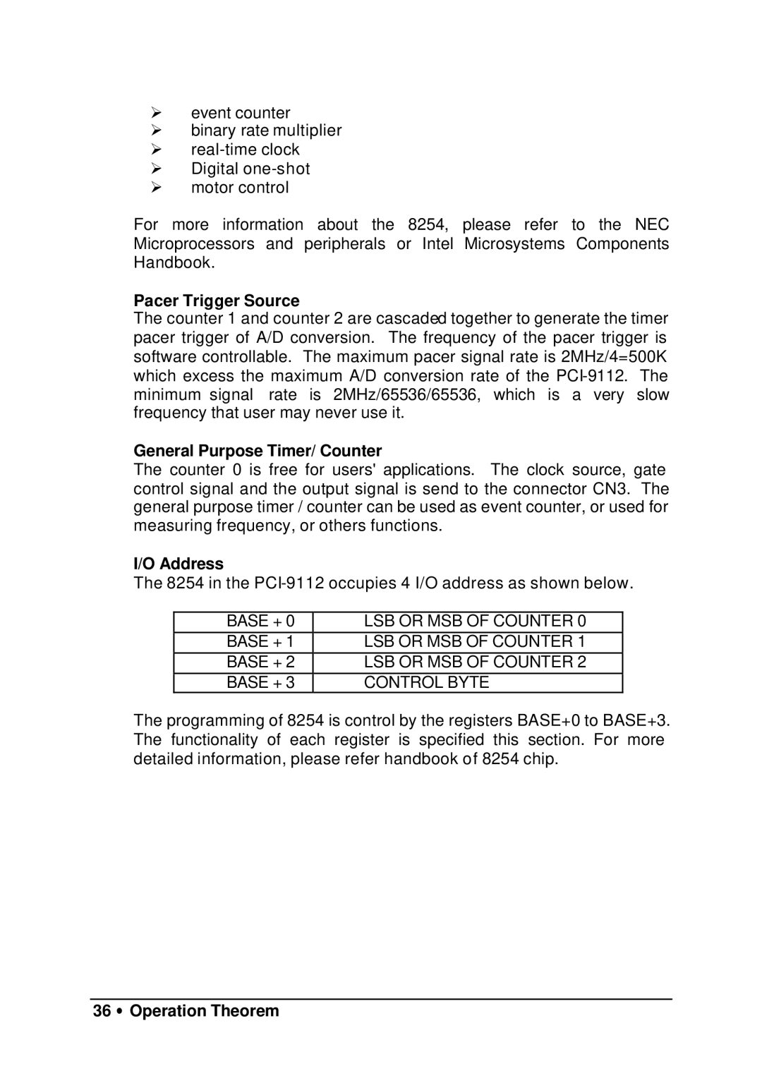 HP 9112 manual Pacer Trigger Source, General Purpose Timer/ Counter, Address, 36 ∙ Operation Theorem 