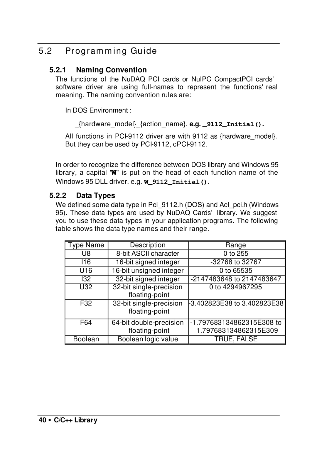 HP 9112 manual Programming Guide, Naming Convention, Data Types, 40 ∙ C/C++ Library 