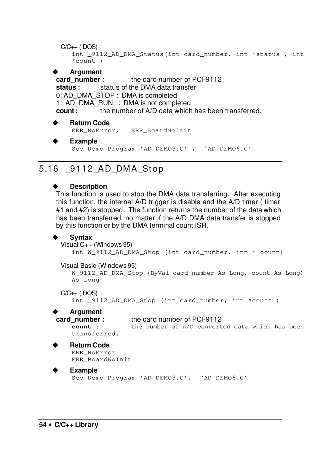 HP manual 16 9112ADDMAStop, 54 ∙ C/C++ Library 