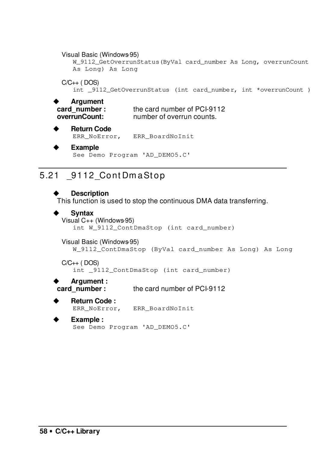 HP manual 21 9112ContDmaStop, 58 ∙ C/C++ Library 