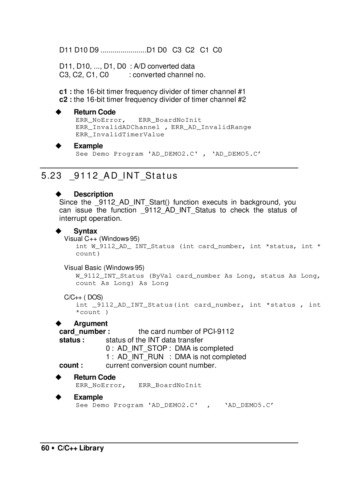 HP manual 23 9112ADINTStatus, 60 ∙ C/C++ Library 