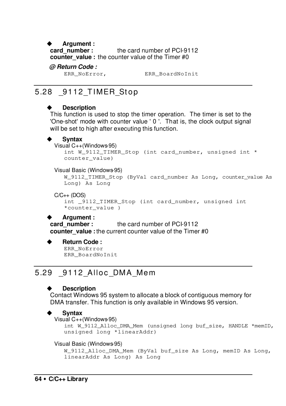 HP manual 28 9112TIMERStop, 29 9112AllocDMAMem, Argument cardnumber countervalue, 64 ∙ C/C++ Library 