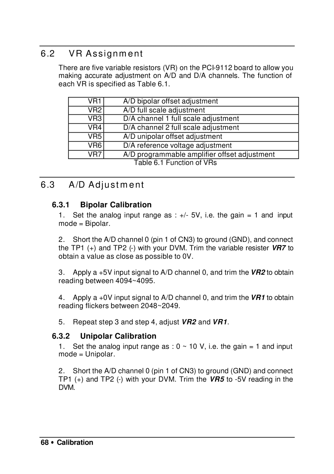 HP 9112 manual VR Assignment, A/D Adjustment, Bipolar Calibration, Unipolar Calibration, 68 ∙ Calibration 